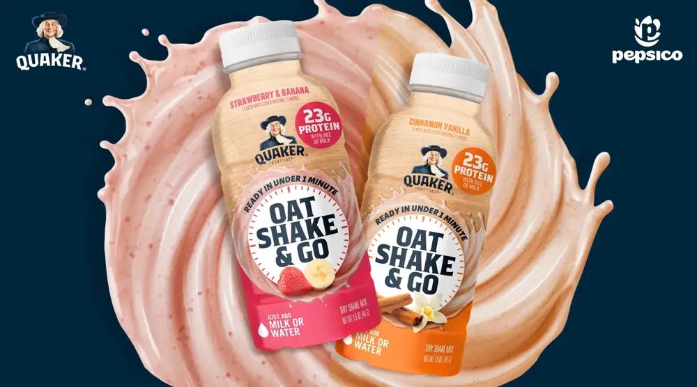 Ad for Quaker Oat Shake & Go featuring two bottles atop swirls of protein drink
