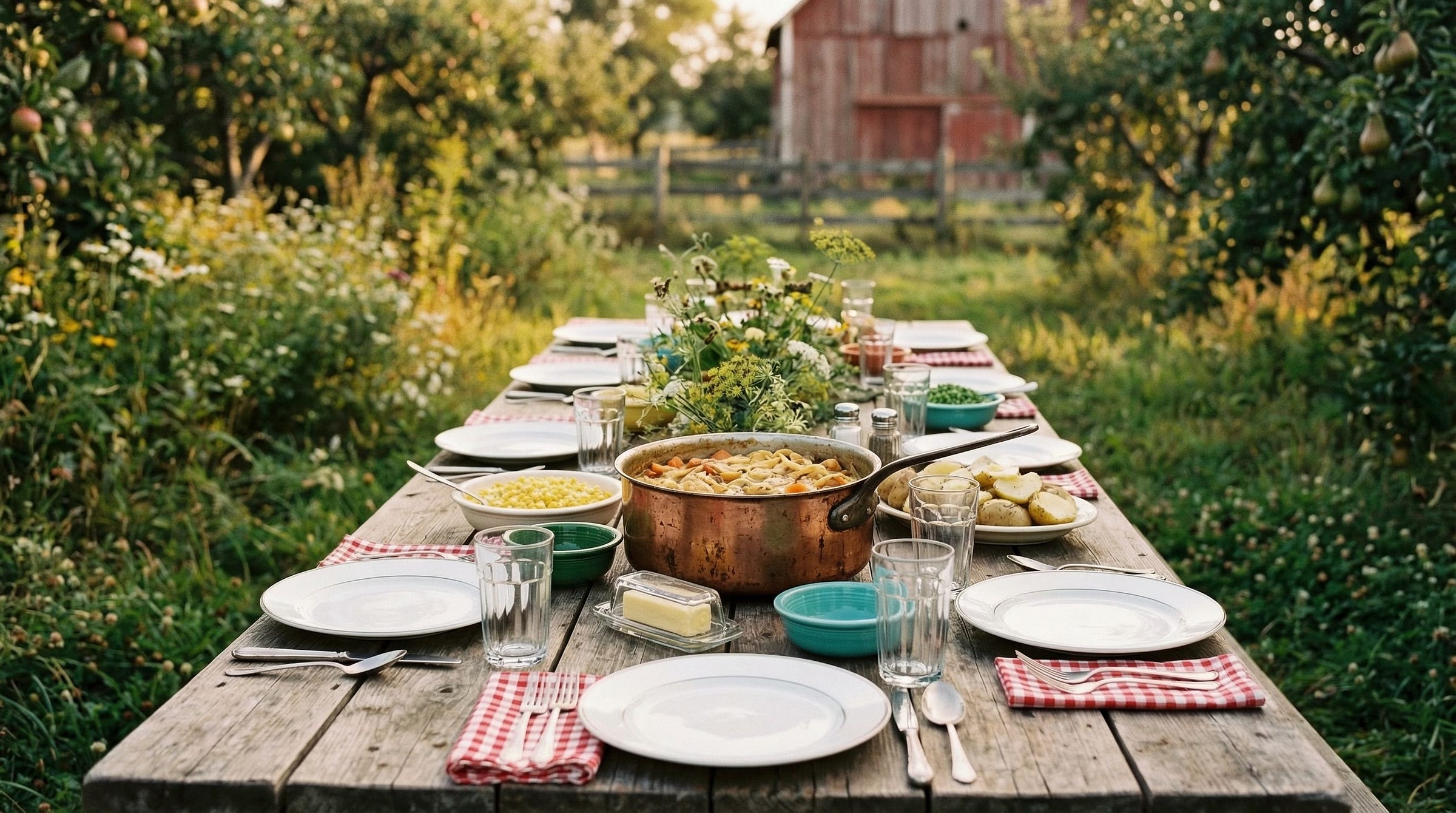 An abundant outdoor farm table with copper pot and red barn — the cattle ranch gatherings behind The Ritual at The Dinner Bell