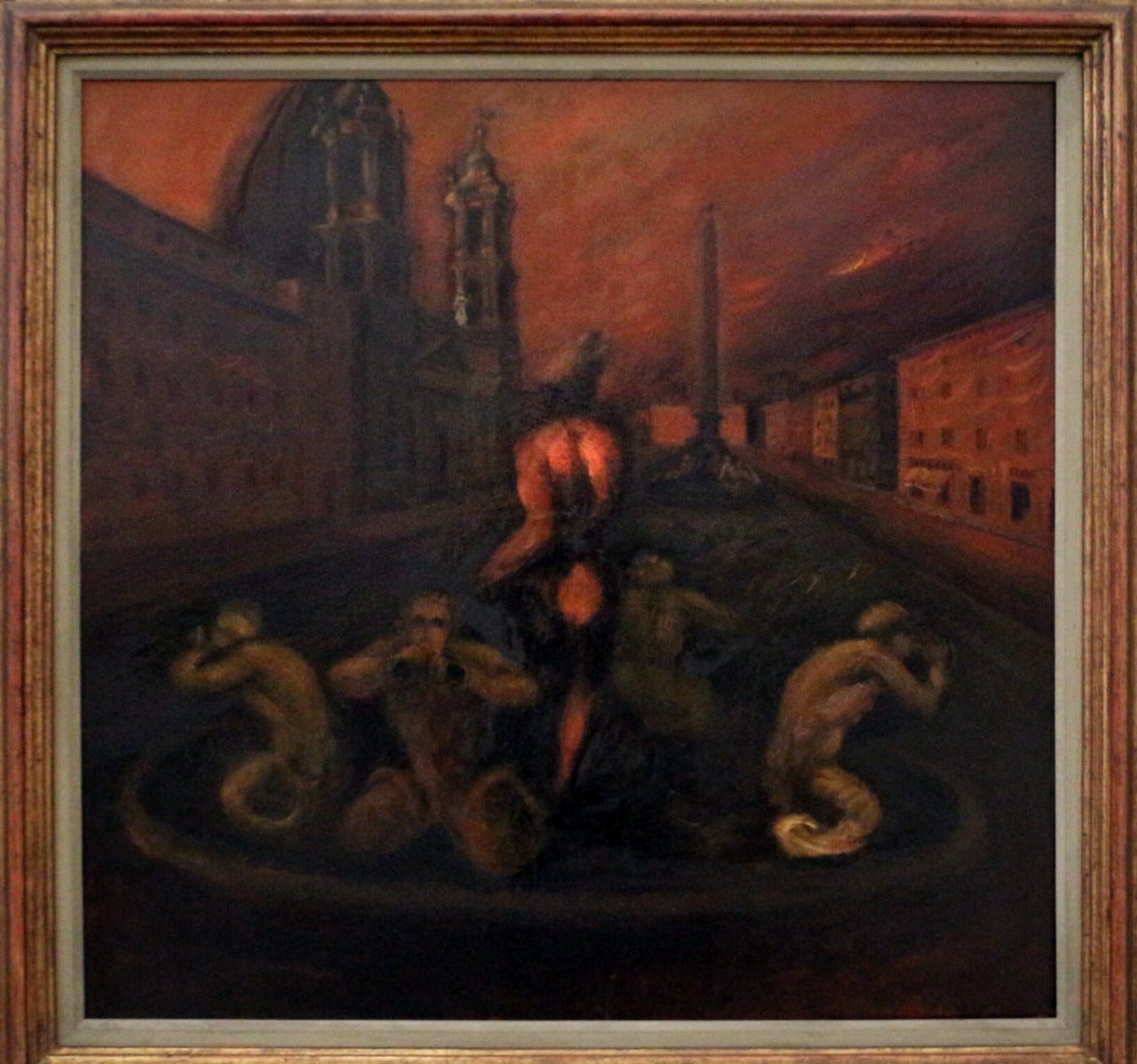 Night view of Piazza Navona: the back of a glowing red statue in a dark fountain basin, an obelisk and a smoky red sky Night view of Piazza Navona: the back of a glowing red statue in a dark fountain basin, an obelisk and a smoky red sky