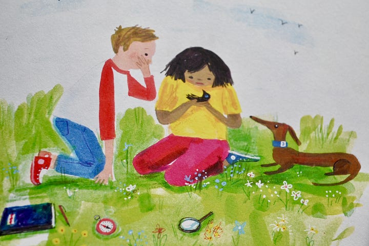 A handprinted illustration of a baby crow, and of two children, one holding the fledgling in her hands.