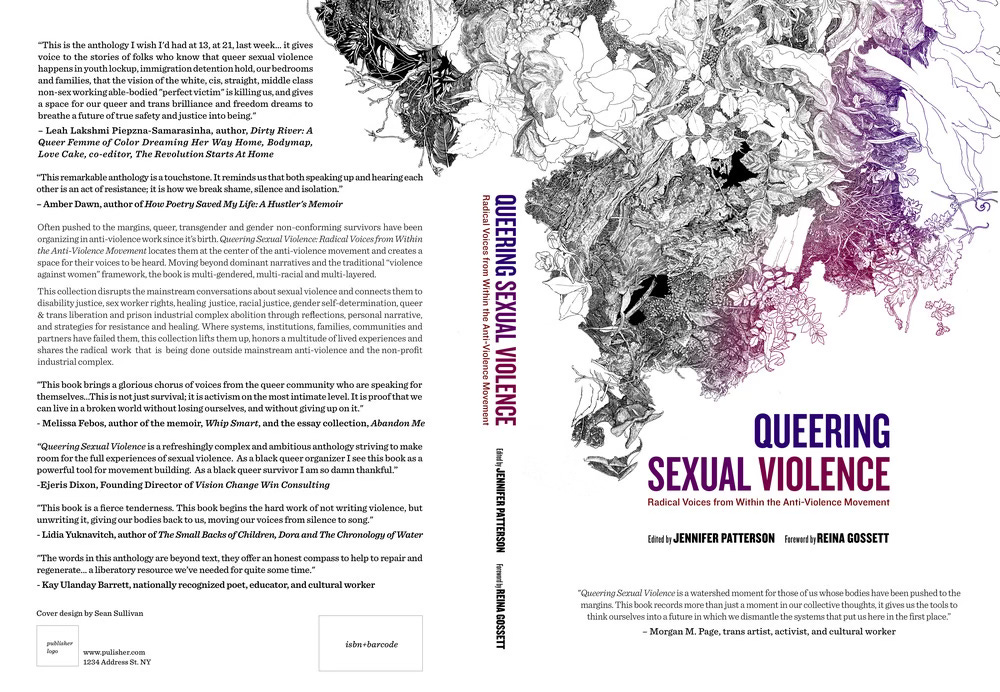 Front and back cover of Queering Sexual Violence: Radical Voices Within the Anti-Violence Movement, edited by Jennifer Patterson with a foreword by Reina Gossett. The front cover features the title in purple lettering and a blurb by Morgan Page. The back cover includes a description of the book and blurbs from Leah Lakshmi Piepzna-Samarasinha, Amber Dawn, Melissa Febos, Ejeris Dixon, Lidia Yuknavitch, and Kay Ulanday Barrett. Cover design by Sean Sullivan.