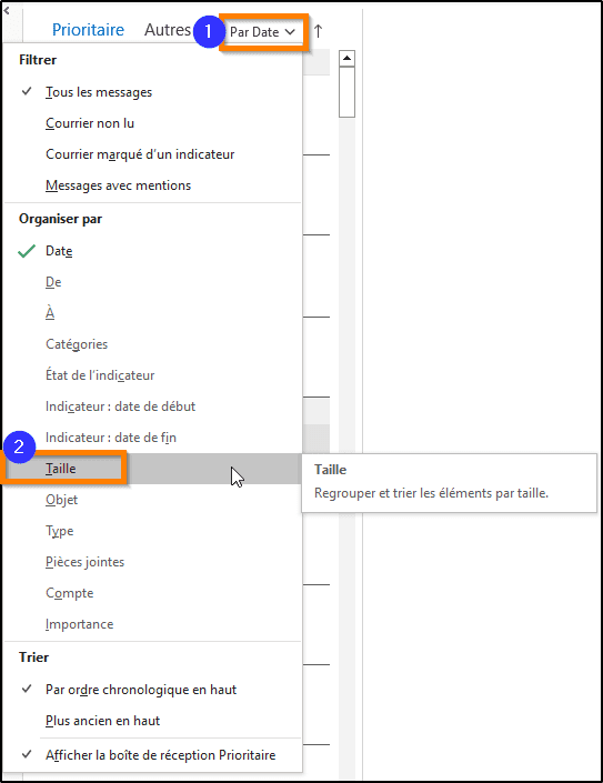 organiser sa boîte de réception Outlook avec tri par taille démonstration étape par étape