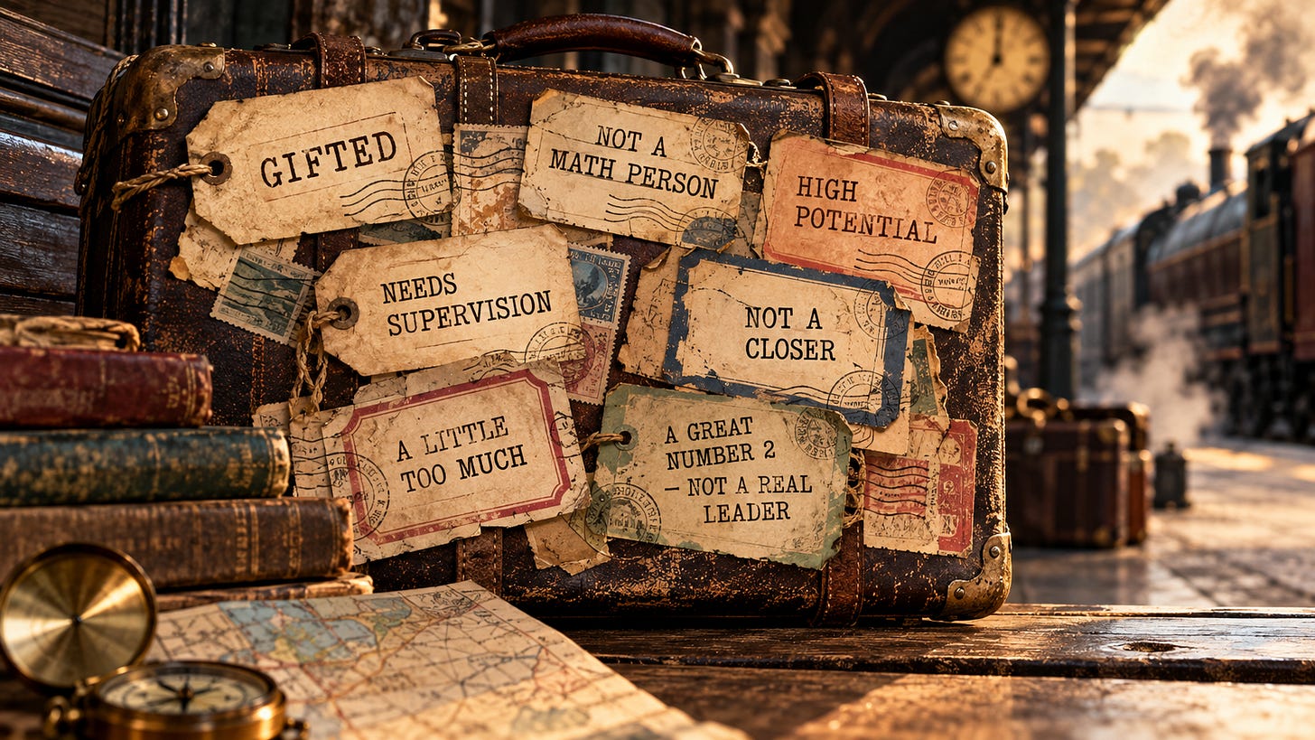 A battered leather suitcase on a railway platform, covered in old luggage tags and postmarked labels reading GIFTED, NOT A MATH PERSON, HIGH POTENTIAL, NEEDS SUPERVISION, NOT A CLOSER, A LITTLE TOO MUCH and A GREAT NUMBER 2 - NOT A REAL LEADER, with a station clock and a steam train behind it and a compass and map in the foreground. A battered leather suitcase on a railway platform, covered in old luggage tags and postmarked labels reading GIFTED, NOT A MATH PERSON, HIGH POTENTIAL, NEEDS SUPERVISION, NOT A CLOSER, A LITTLE TOO MUCH and A GREAT NUMBER 2 - NOT A REAL LEADER, with a station clock and a steam train behind it and a compass and map in the foreground.