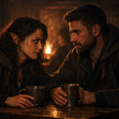Silverleaf and Ismark talking quietly in the Blood of the Vine tavern, firelit shadows, elven woman with sharp features and dark wavy hair, intense expressive eyes; tall broad-shouldered man with storm-colored eyes and strong jaw; both seated at a wooden table in dim Barovian light Silverleaf and Ismark talking quietly in the Blood of the Vine tavern, firelit shadows, elven woman with sharp features and dark wavy hair, intense expressive eyes; tall broad-shouldered man with storm-colored eyes and strong jaw; both seated at a wooden table in dim Barovian light