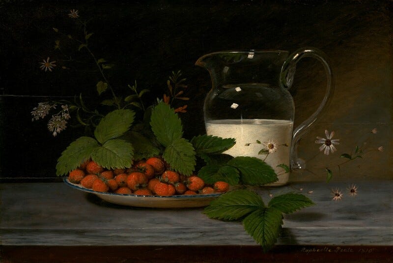 A clear glass pitcher filled with white milk and a plate of bright red strawberries are the main focus of this painting. The plate of strawberries is on the left, and wide green leaves and small white flowers extend beyond the plate to the left and right. The glass pitcher is placed to the right of the strawberries, reflecting small squares of light. The surface under the plate and pitcher is blue-gray with hints of wood grain, and the wall behind them is dark brown, with an area of lighter brown on the right.