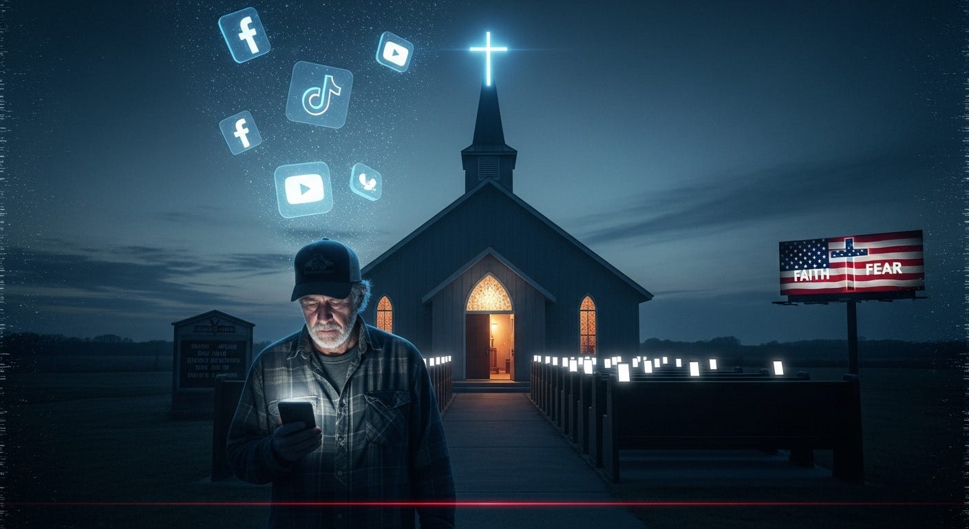 A rural American church glowing with blue digital light, a man illuminated by his smartphone as social-media icons shimmer like stained glass — symbolizing faith consumed by algorithms.