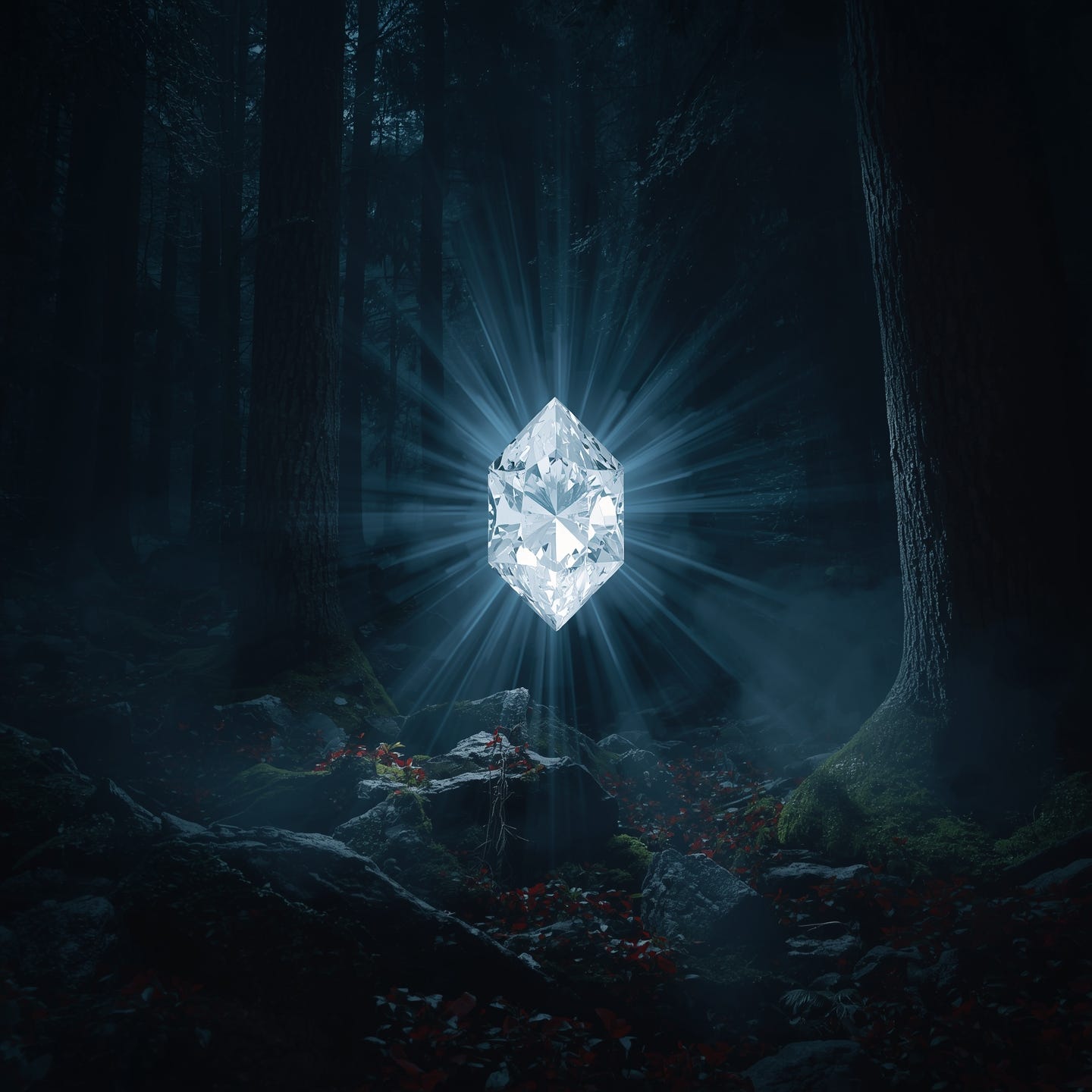 A sharply chiseled diamond suspended in mid-air within a dense and mysterious dark nighttime forest, radiating an intensely bright white light many striking rays of light shooting out of it, illuminating the surroundings with a bright, high-contrast illumination, casting stark shadows behind the trunks and foliage of towering trees, and highlighting the subtle textures of moss-covered rocks and forest floor, as the crystal's luminosity brings out the vibrant hues of the forest's nocturnal flora, with a dark, gloomy mist being driven back and away from the crystal, the image charged with energy like a blast.