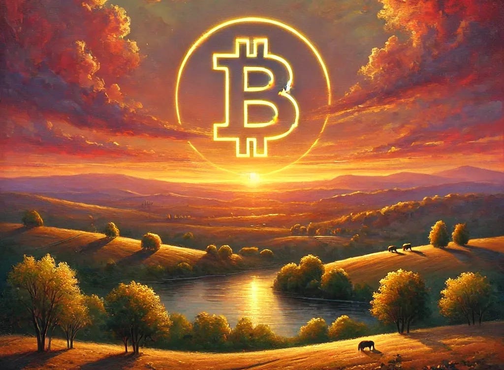A realistic painting of a tranquil landscape at sunset, featuring natural, warm tones. The sky is filled with hues of orange, red, pink, and hints of purple, blending seamlessly to capture the vibrant beauty of a sunset. In the center of the sky, a subtle, glowing Bitcoin logo is softly integrated, radiating golden light that adds to the natural warmth of the scene. The landscape below includes rolling hills, a calm lake reflecting the sunset's colors, and scattered trees, creating a peaceful and harmonious atmosphere. The overall composition emphasizes realism while maintaining the symbolic presence of the Bitcoin logo.