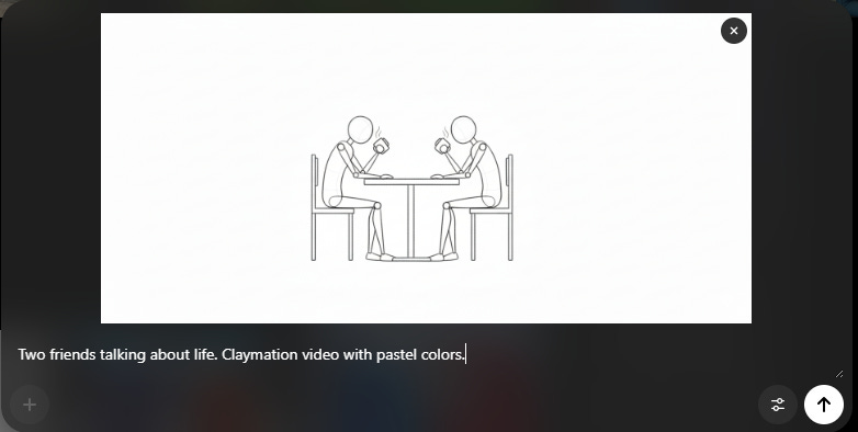 Minimal line-art drawing of two stick-figure characters sitting at a round table, each holding a mug, shown above the caption “Two friends talking about life. Claymation video with pastel colors.”