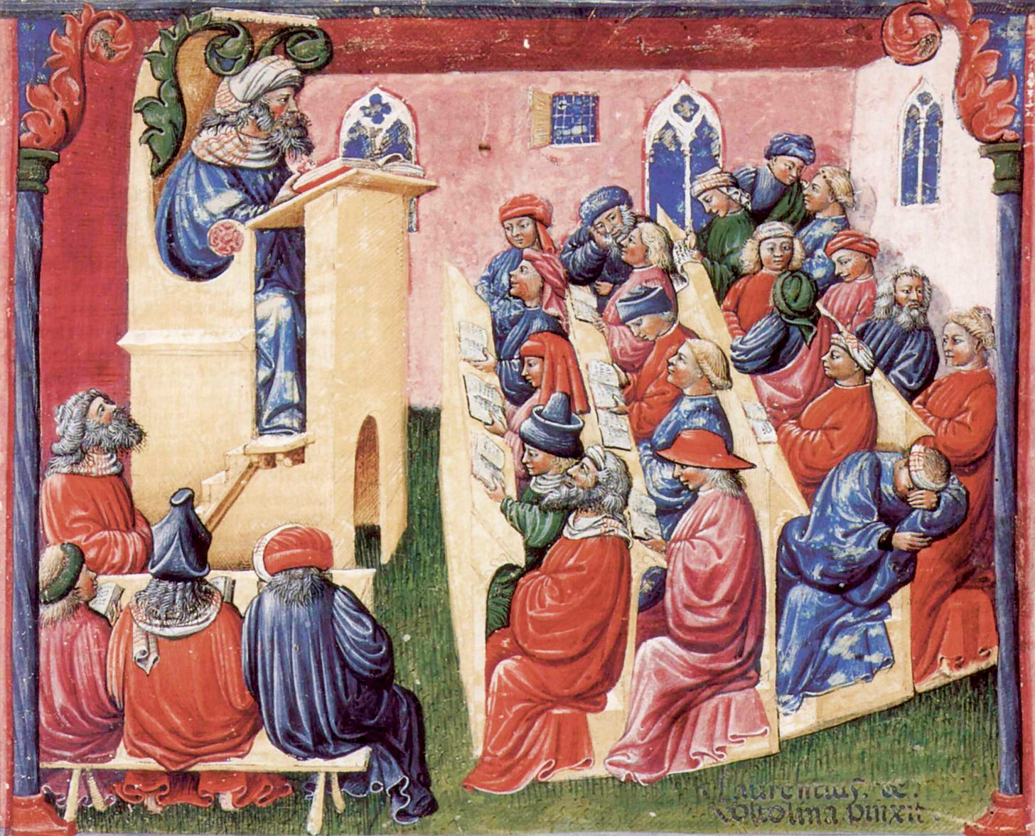 r/Professors - In this medieval painting of a university classroom, a student asleep in the back