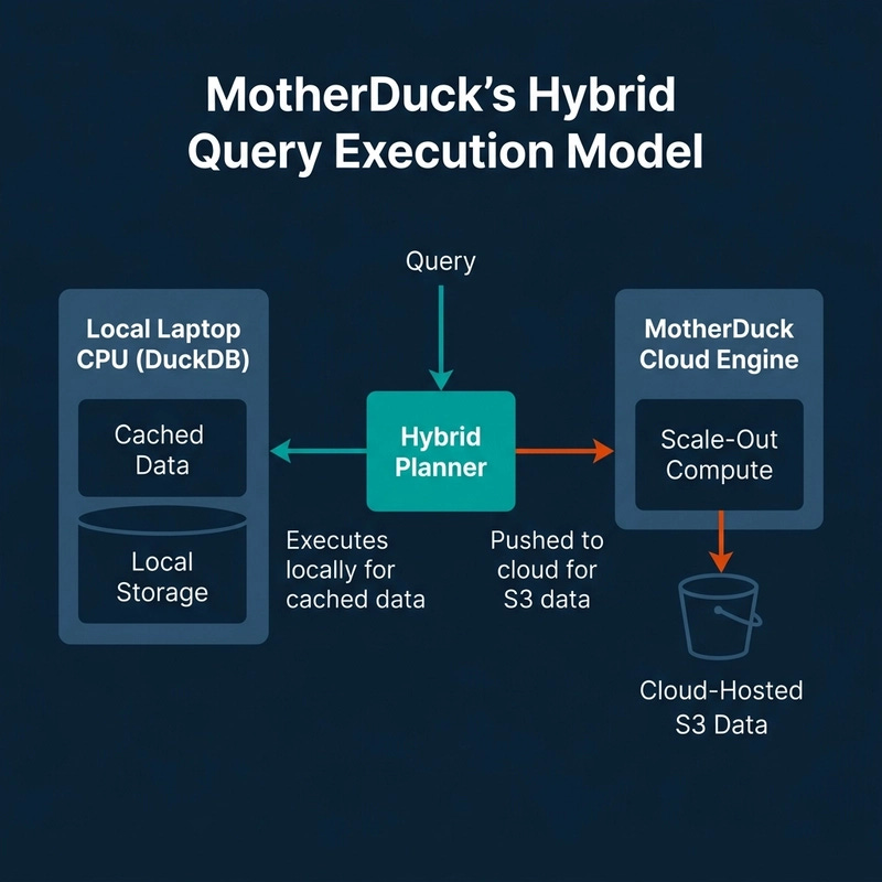 MotherDuck Dual Execution model showing how queries are split by a Hybrid Planner between local laptop CPUs and MotherDuck Cloud Engines