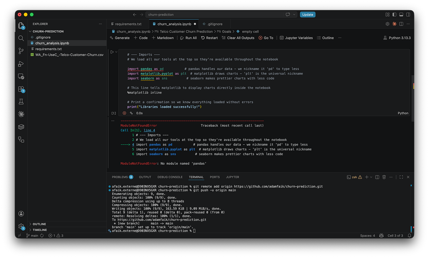 VS Code Jupyter notebook showing import cell and ModuleNotFoundError: No module named ‘pandas’ in the output