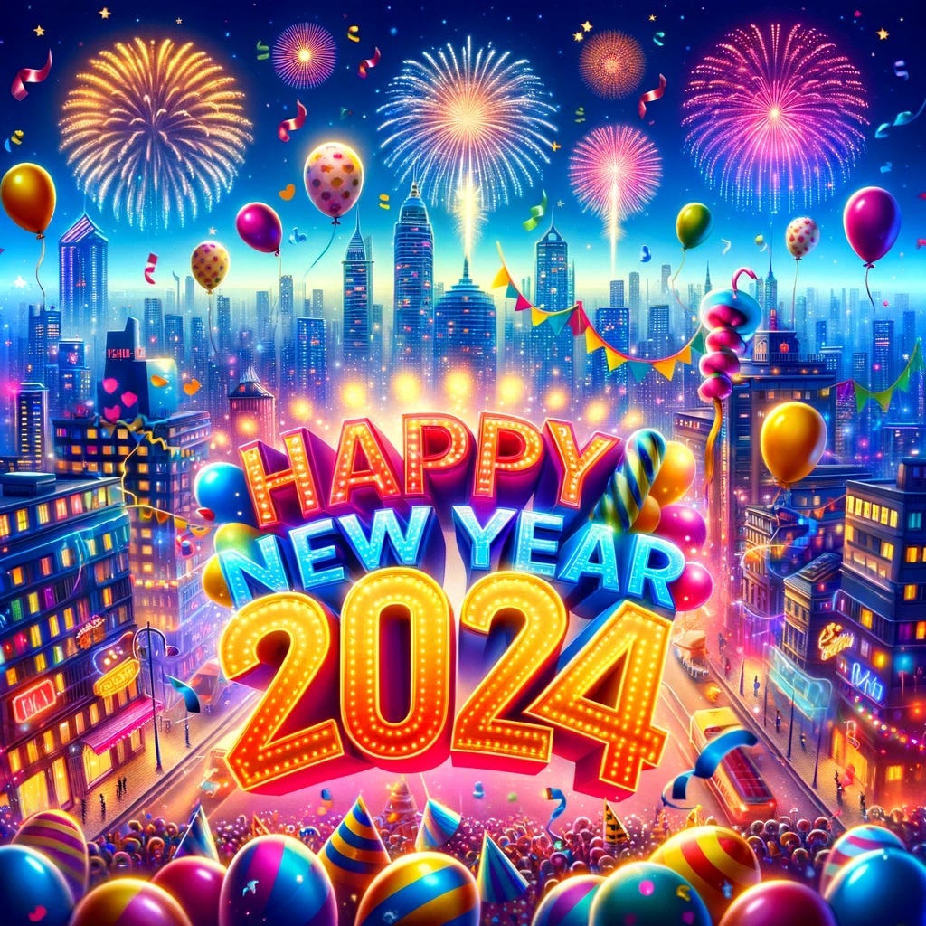This image depicts a bustling cityscape lit up with illuminated buildings and colorful balloons, under a sky filled with dazzling fireworks. In the foreground, “Happy New Year 2024” is written in bright, playful letters, enhanced by streamers and party hats, evoking a sense of excitement and celebration.