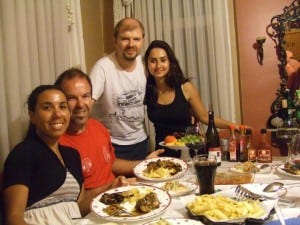 dinner with our couch surfing hosts Moroccan food in Turkey