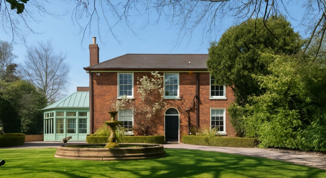 A large brick house with a green conservatory, with a lawn and a fountain in front of it A large brick house with a green conservatory, with a lawn and a fountain in front of it