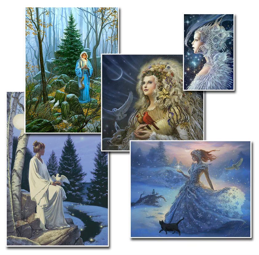 Grouping of 5 prints, clockwise from top left: WOODLAND PEACE, WINTER'S GLOW, NIGHTFROST, WINTERSTAR, and STAR OF PEACE