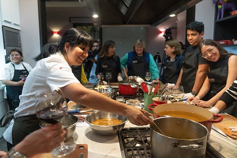 Nine images of Chef Arlette Eulert teaching, cooking, and smiling throughout her masterclass at Urban Kitchen