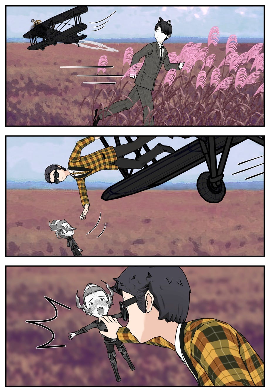 Ace hides among some tall crops, but the plane swoops down toward Mouse, and the gunner reaches down and snatches him.