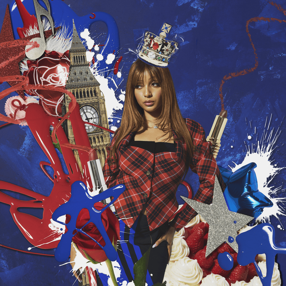 The single cover for PinkPantheress' Illegal. It shows PinkPantheress, a black woman with long, straight brown hair in her early 20s, against a collage of British icons and visual elements, including Big Ben, the royal crown, lipsticks and lipstick smears, a strawberry cake, and blue, red and white paint splatters.