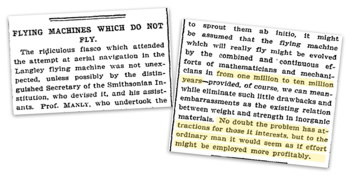 NYT once said airplanes would take 10 million years to develop - Big Think