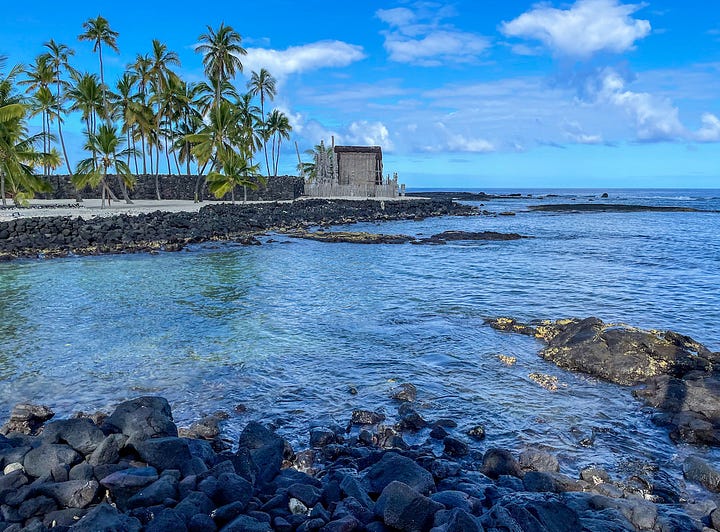 white sand beach and historical site on the Big Island