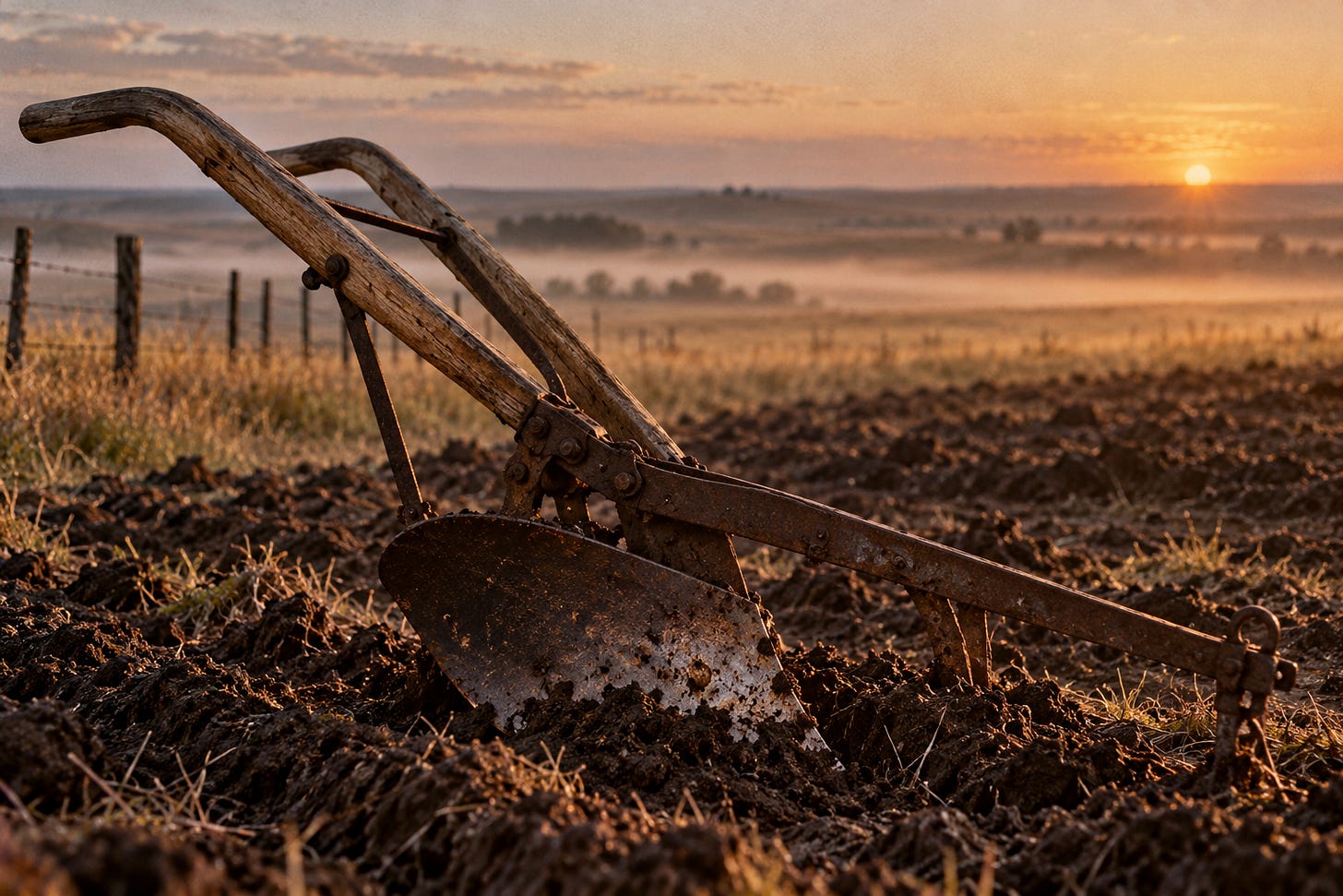 Antique weathered iron hand plow resting in freshly turned North Dakota prairie soil at sunrise