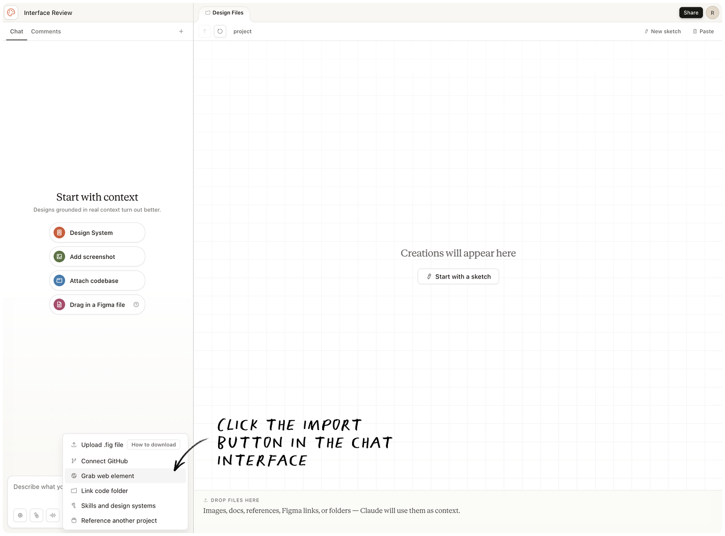 Annotated Claude Design import menu showing the "Grab web element" option that   triggers the Capture Chrome extension setup.