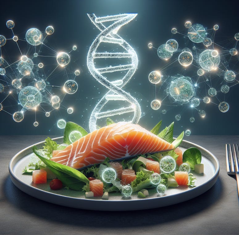 Foto de uma salada com salmão, rodeada de moléculas e filamentos de DNA