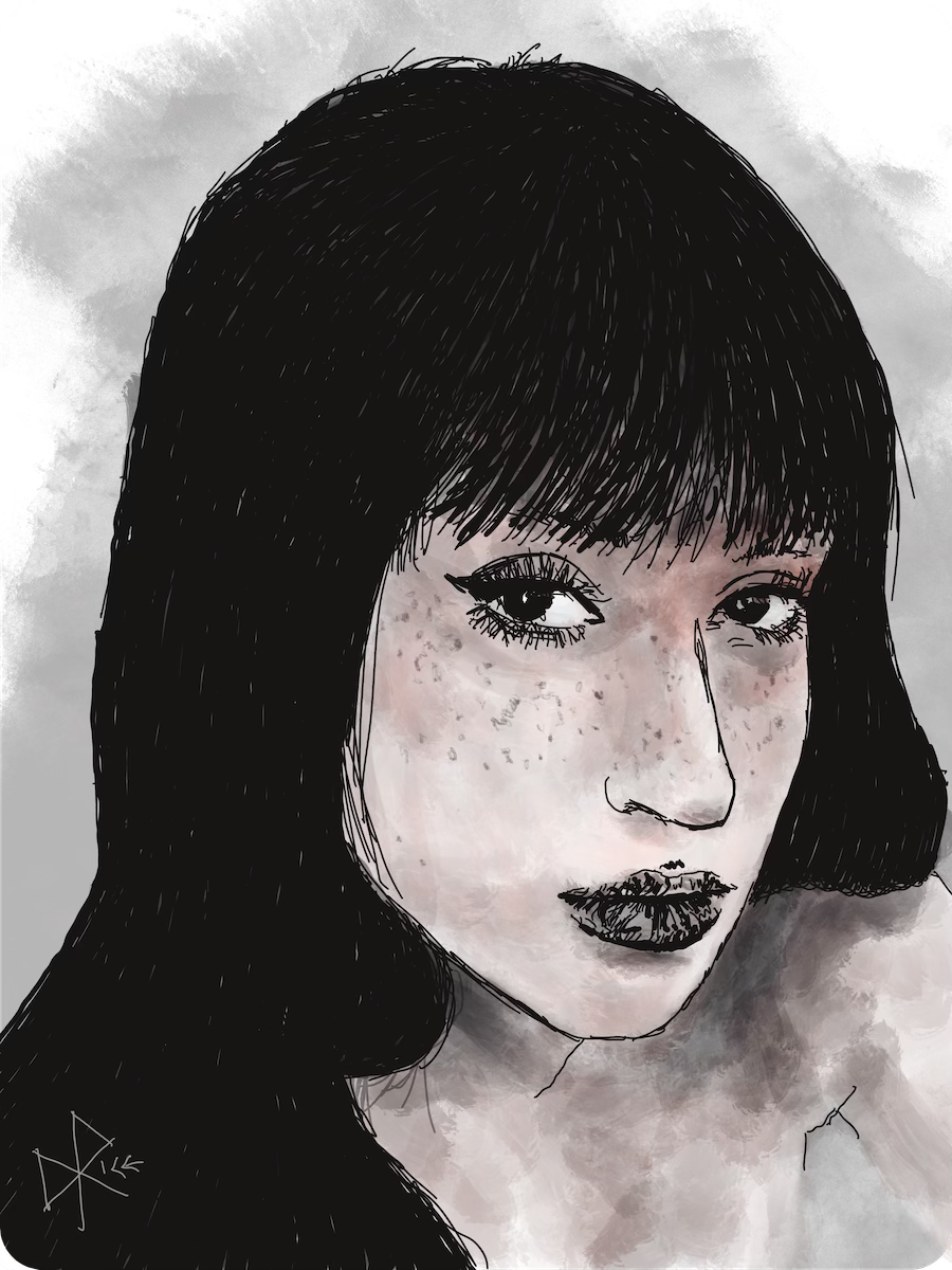 Portrait of a freckled young woman with long dark straight hair. Sketch art by Don Rice.