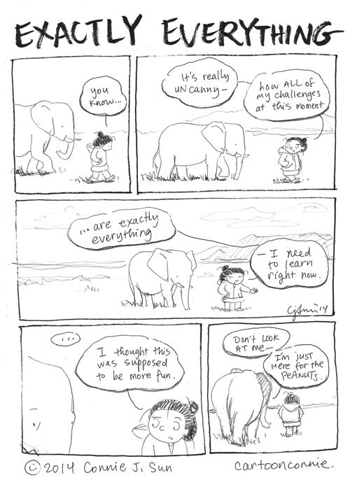 exactly everything, daily comic strip by connie sun self-improvement, life lessons, humor, elephant comic strip, sketchbook, daily comic, connie sun, cartoonconnie