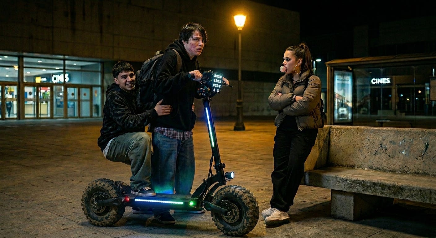 Dani y su amigo en el patinete junto a la Vane que les espera en una plaza iluminada comiendo chicle Dani y su amigo en el patinete junto a la Vane que les espera en una plaza iluminada comiendo chicle