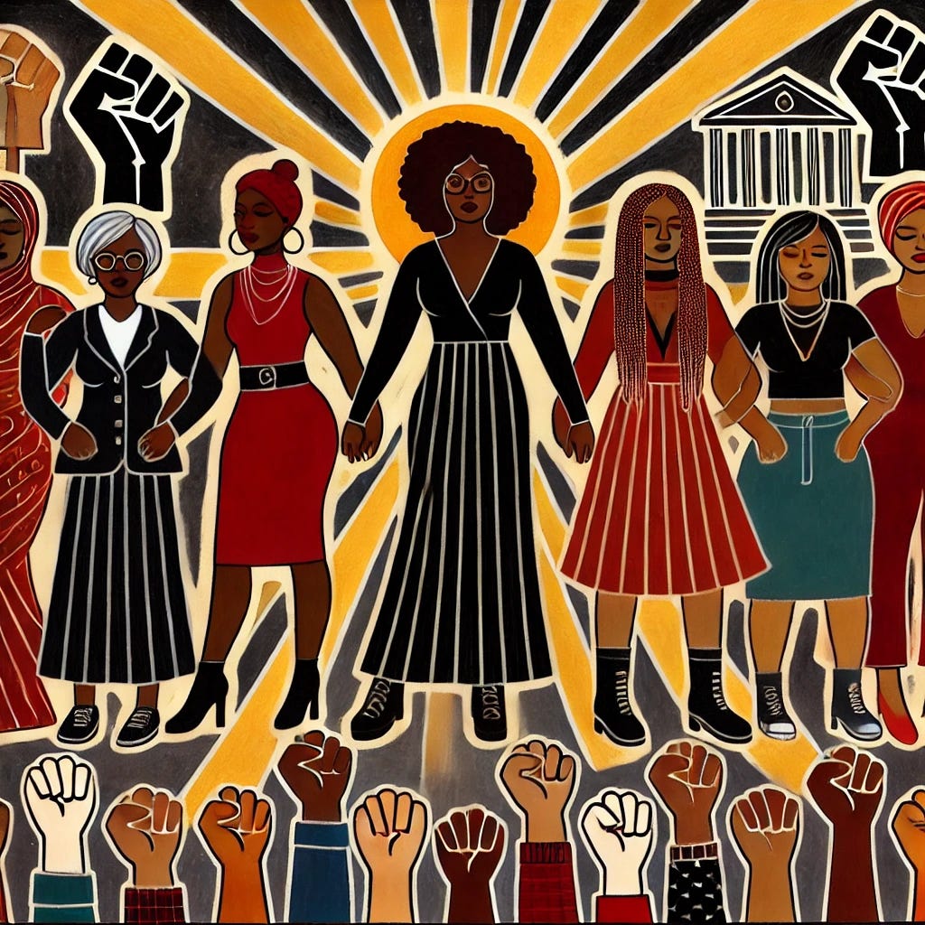 A powerful, artistic illustration of diverse Black women standing together in solidarity. They are depicted as leaders and visionaries, surrounded by symbols of democracy, justice, and community. The women vary in age, hairstyles, and clothing, representing diversity and unity. The background includes subtle symbols like raised fists, books, and rays of light, evoking themes of hope, resilience, and wisdom. The color palette is a mix of bold and warm tones, creating an empowering and hopeful atmosphere.