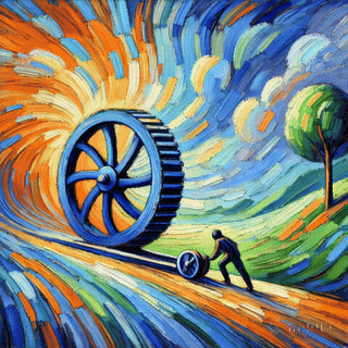 A colorful abstract painting depicting a person pushing a large wheel forward along a path, symbolizing momentum and progress.