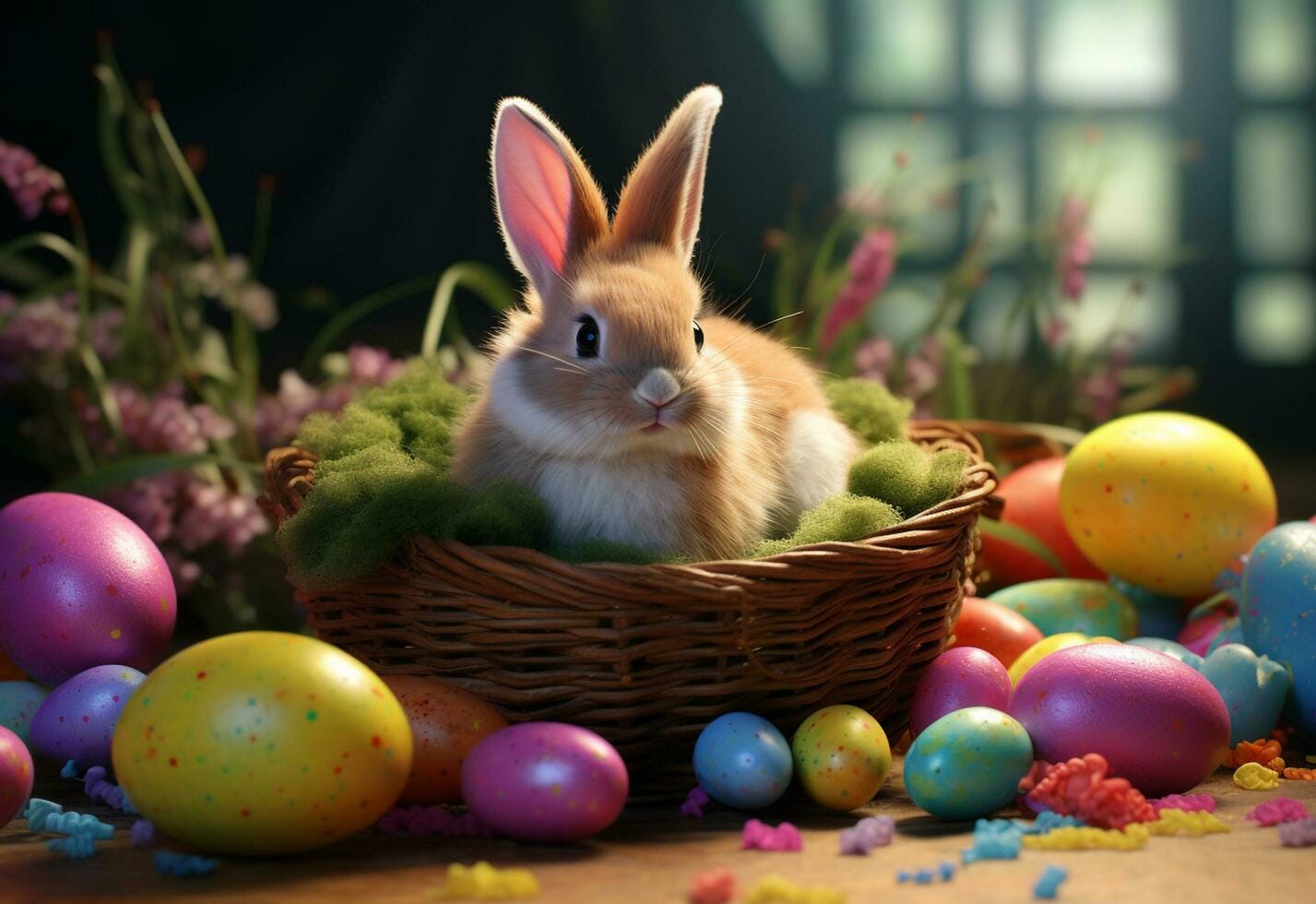 photo happy bunny with many easter eggs on grass festive background for ...