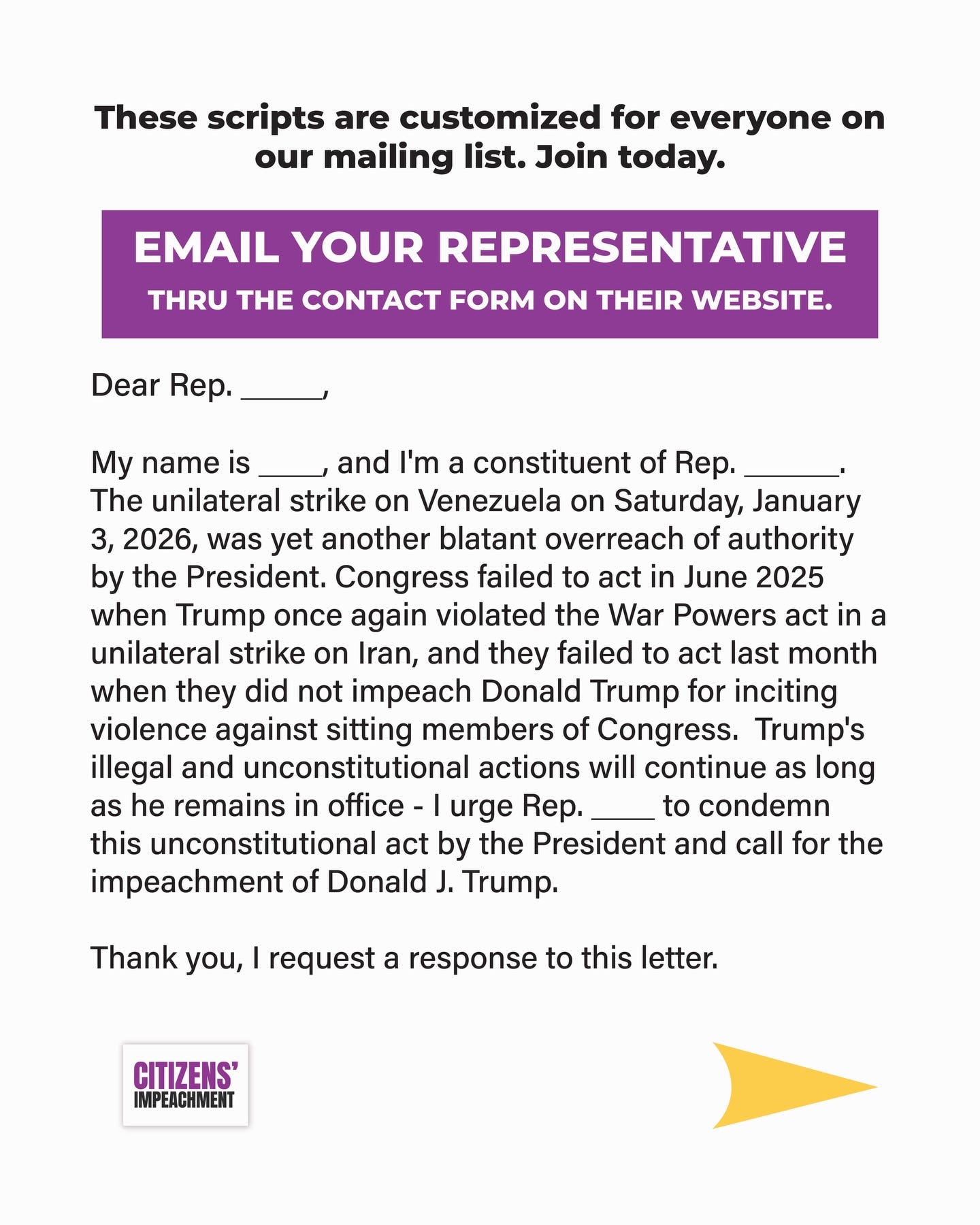 Template email script graphic titled ‘Email your representative’ with a fill-in-the-blank message about the Venezuela strike and impeachment.