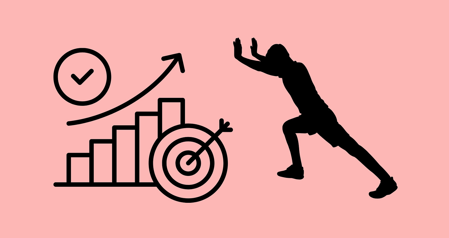 A checkmark, graph, and bullseye target on the left symbolize metrics, and on the right a graphic of a person pushing against those metrics. A checkmark, graph, and bullseye target on the left symbolize metrics, and on the right a graphic of a person pushing against those metrics.