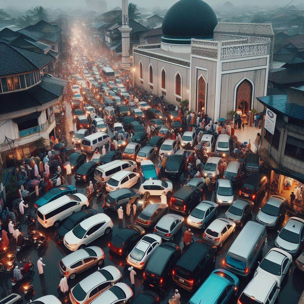 aerial view of cars parked haphazardly as people try to rush to go to the mosque, evening, ramadan, raining 