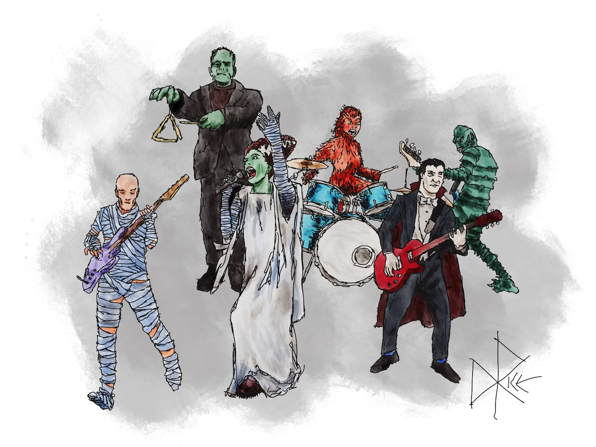 Monsters form a band, and rock out at a Halloween gig. Dracula and Mummy play guitar, Creature lays down the bass line and Wolfie pounds the skins. The Monster hits a triangle arrhythmically as Bride shrieks out the vocals. Amazing show. Catch them if you dare. Sketch art by Don Rice. Monsters form a band, and rock out at a Halloween gig. Dracula and Mummy play guitar, Creature lays down the bass line and Wolfie pounds the skins. The Monster hits a triangle arrhythmically as Bride shrieks out the vocals. Amazing show. Catch them if you dare. Sketch art by Don Rice.