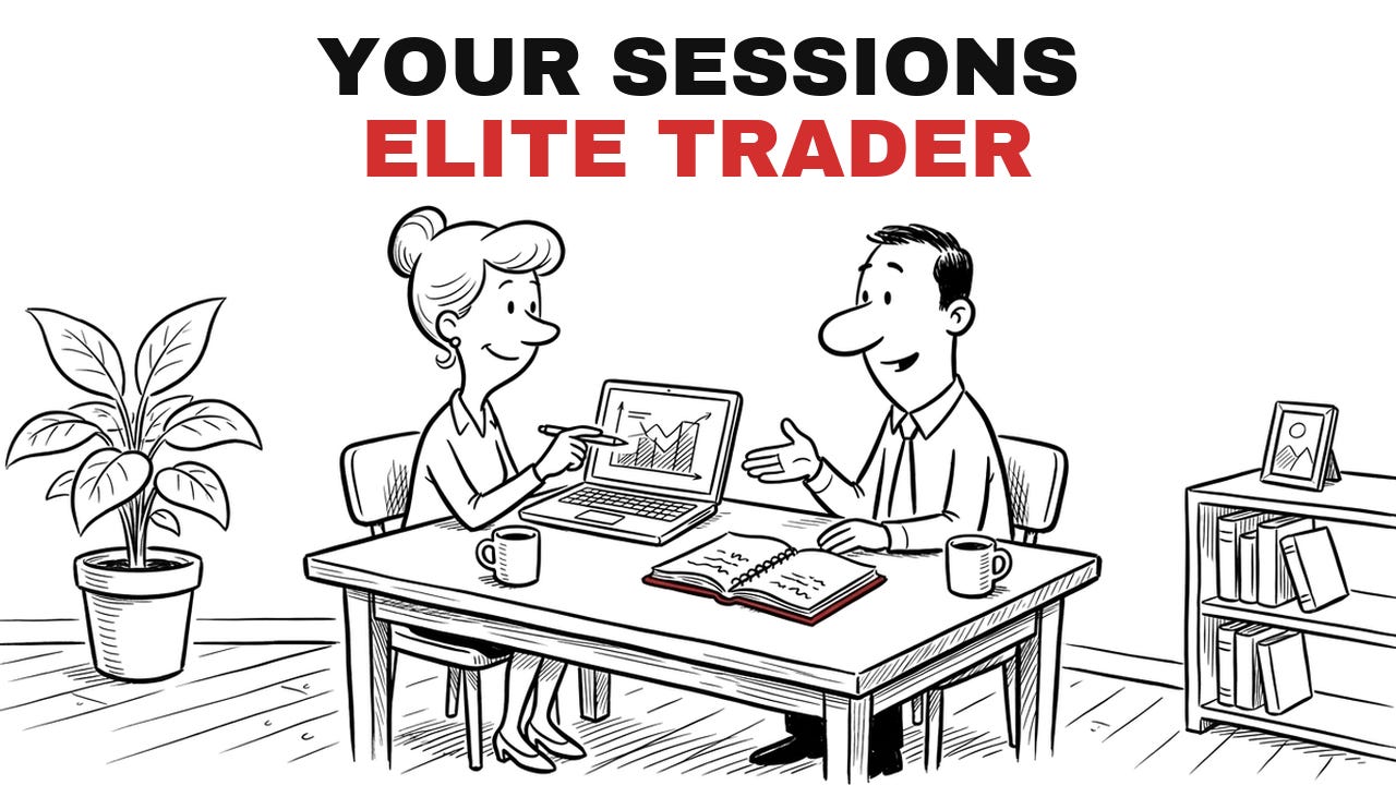 Cartoon: mentor and trader at one desk over a laptop and a red notebook, titled Your Sessions, Elite Trader.