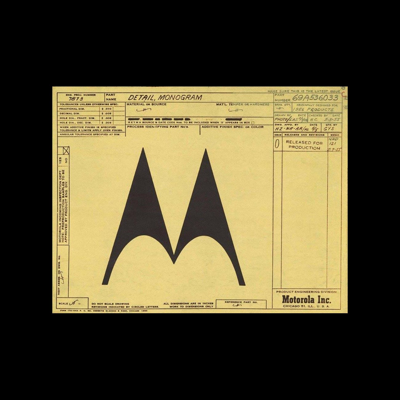 Motorola logo, formal design sheet, Thomas Miller, Morton Goldsholl, Design History