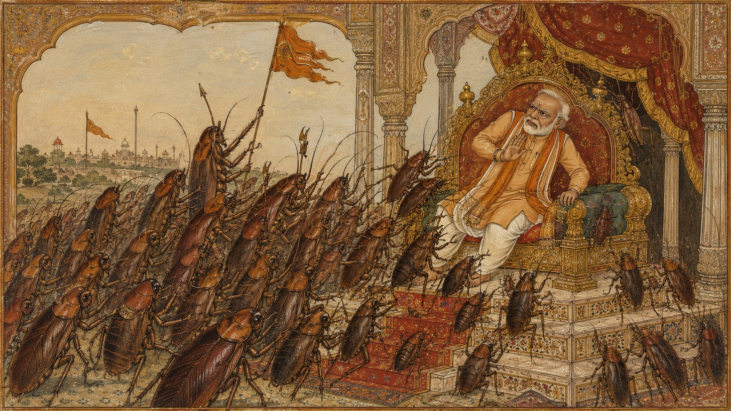 Ilustración horizontal al estilo de una miniatura india del siglo XVIII. Narendra Modi, vestido con una túnica de color azafrán y blanco, está sentado en un trono ricamente decorado dentro de un palacio. Retrocede ante una multitud de cucarachas que invade las escaleras, trepa por el trono y avanza hacia él; algunas llevan pequeñas banderas azafrán.