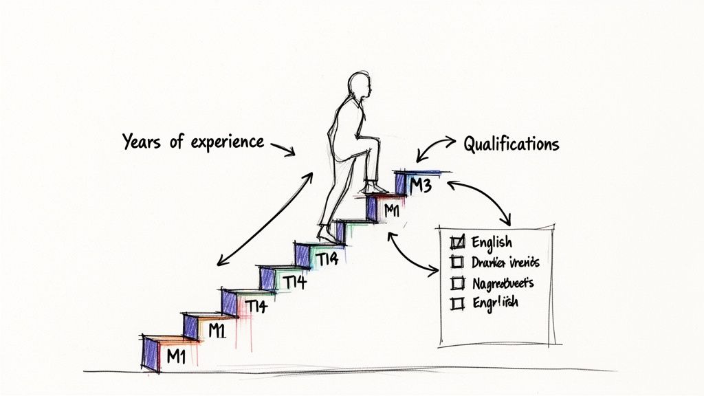 A person climbs a staircase representing years of experience and qualifications for career growth.