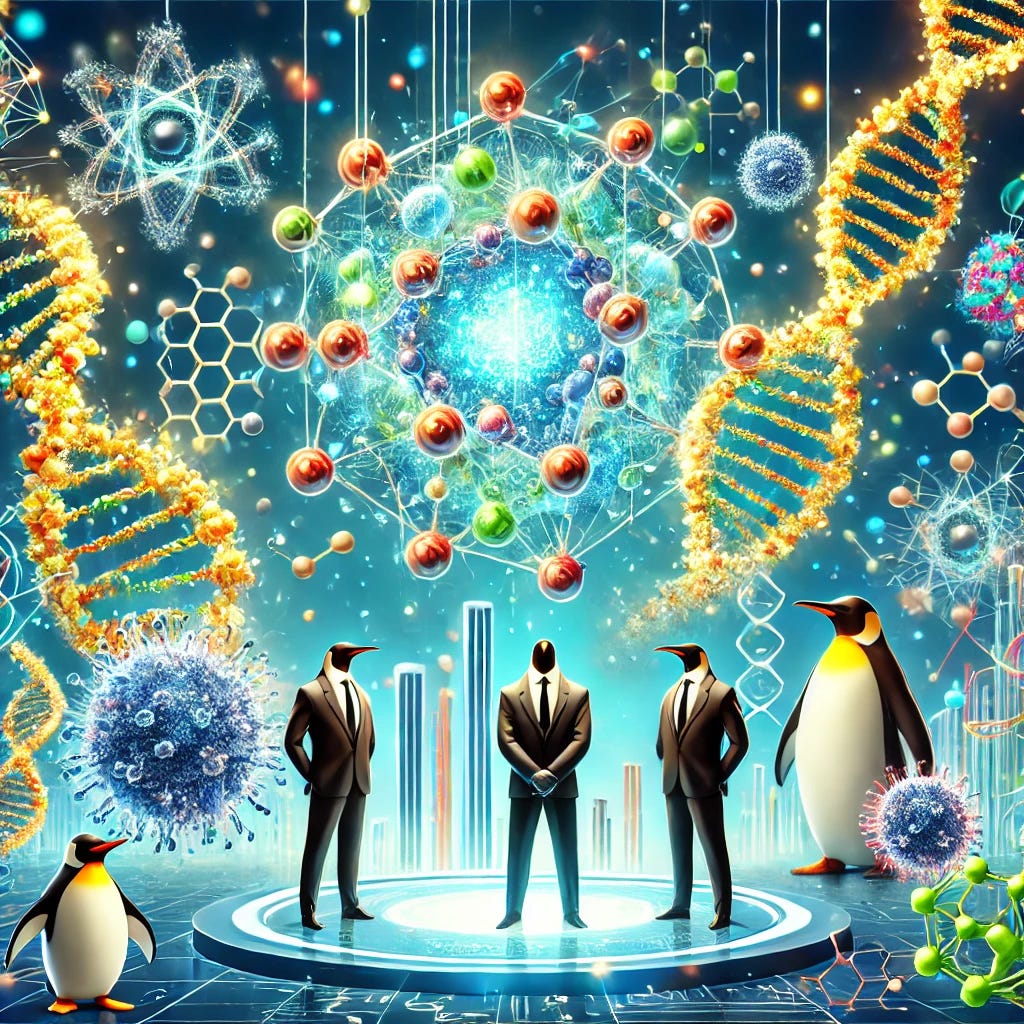 A vibrant illustration representing a company named 'QuantumQuantum' successfully raising a large amount of funding. The scene features abstract representations of quantum technology and science, with glowing proteins in molecular structures orbiting around futuristic technology. Penguins in business suits are scattered humorously throughout the image, symbolizing teamwork and collaboration. The atmosphere is celebratory, with a mix of bright colors like blues, greens, and golds, and elements of both high-tech and biological innovation.