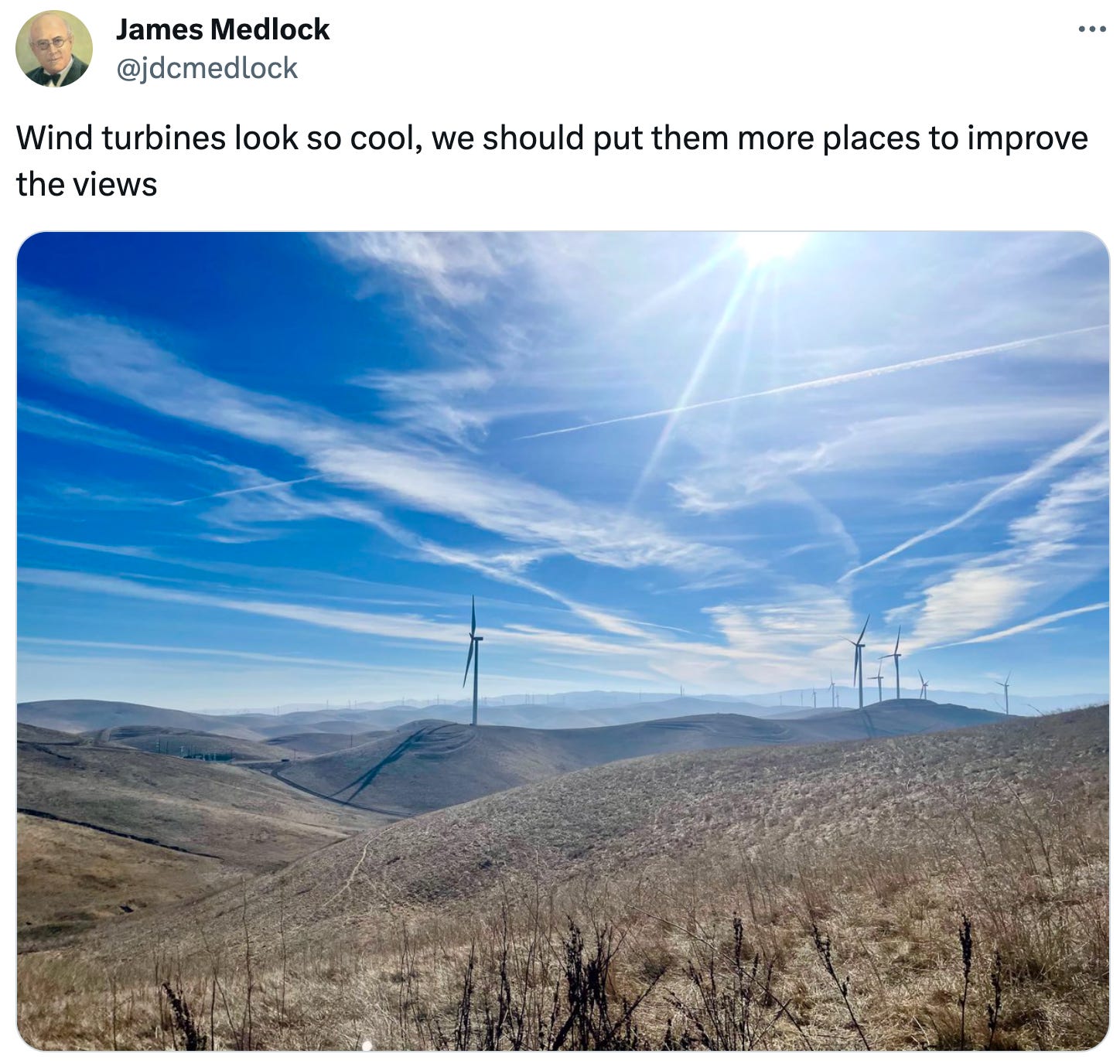James Medlock @jdcmedlock Wind turbines look so cool, we should put them more places to improve the views James Medlock @jdcmedlock Wind turbines look so cool, we should put them more places to improve the views