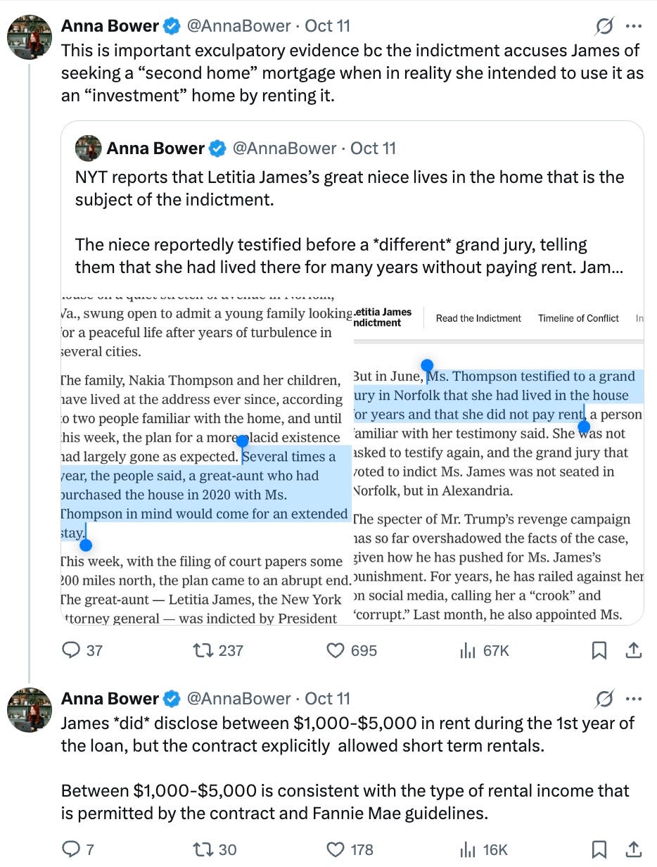 This is important exculpatory evidence bc the indictment accuses James of seeking a “second home” mortgage when in reality she intended to use it as an “investment” home by renting it.  NYT reports that Letitia James’s great niece lives in the home that is the subject of the indictment.  The niece reportedly testified before a *different* grand jury, telling them that she had lived there for many years without paying rent. James visits regularly.