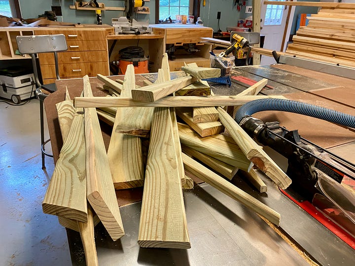 Lumber cut into a fan for decking corners.