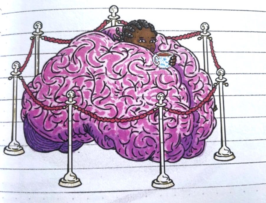 An illustration of a person nestled inside a big soft brain with a cup of tea. The brain is cordoned off by a velvet rope