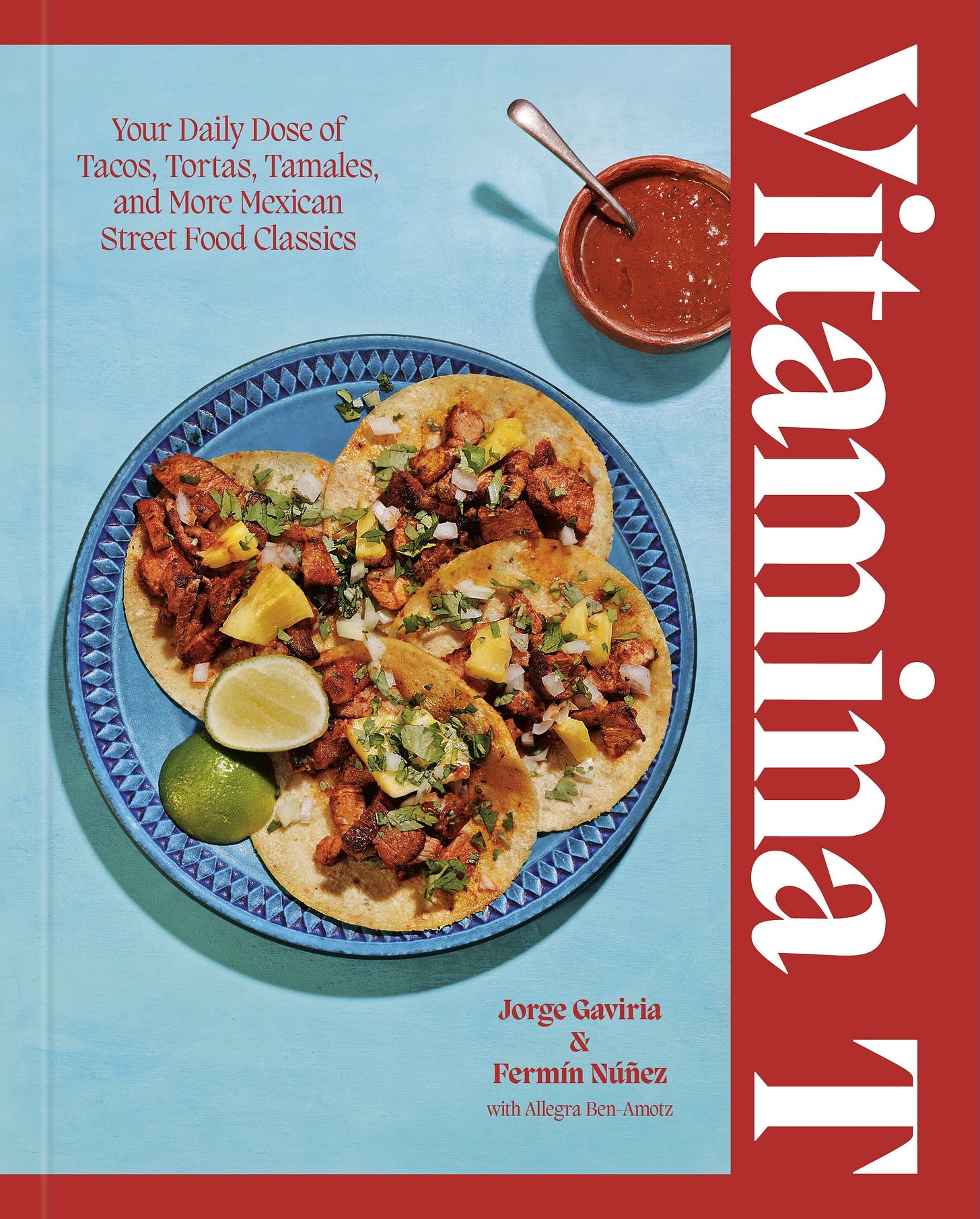 cover vitamina t cookbook tacos on cover on blue plate.