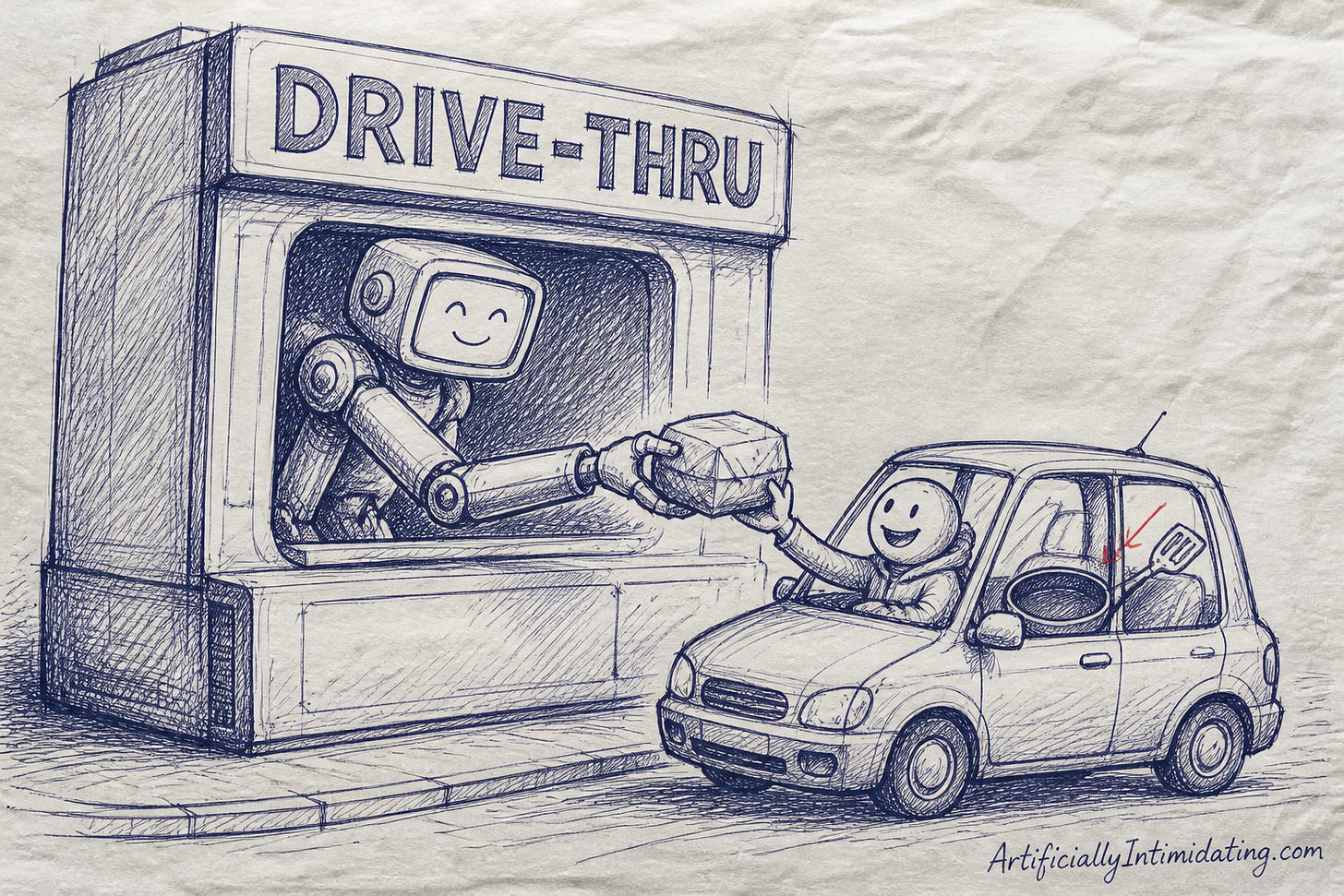 A cheerful robot arm hands a wrapped burger out of a drive-thru window to a smiling driver whose passenger seat holds an unused frying pan and spatula, circled with a red arrow.