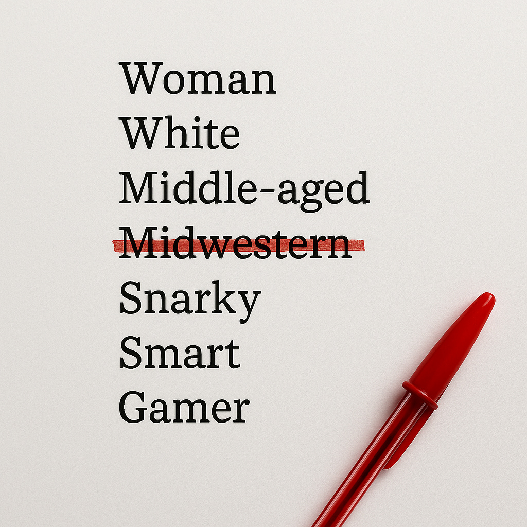 A list of identity terms typed on white paper. The words read: Woman, White, Middle-aged, Midwestern, Snarky, Smart, Gamer. The word “Midwestern” is crossed out with a thick red pen, which lies diagonally across the page. The rest of the identifiers remain untouched.